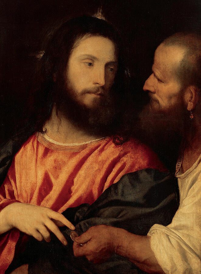 The Tribute Money, from circa 1516 Painting by Titian
