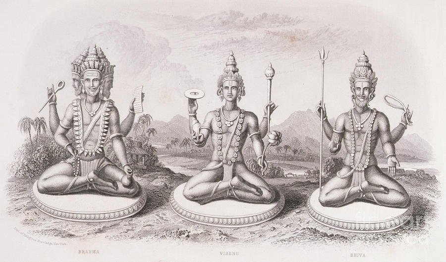 Avatar Drawing - The Trimurti or Hindu Trinity by English School