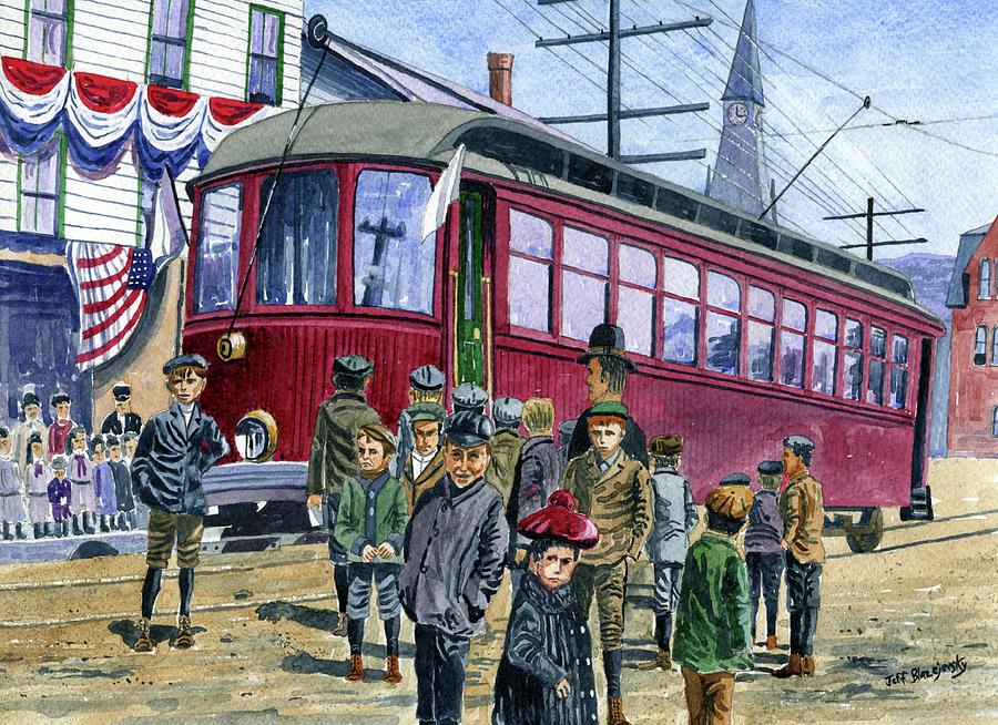 The trolley comes to Stafford 1908 Painting by Jeff Blazejovsky