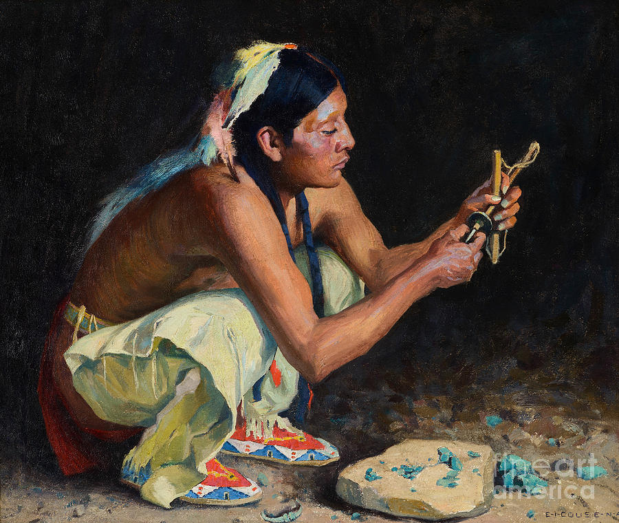 Eanger Irving Couse Painting - The Turquoise Bead Driller  by Celestial Images