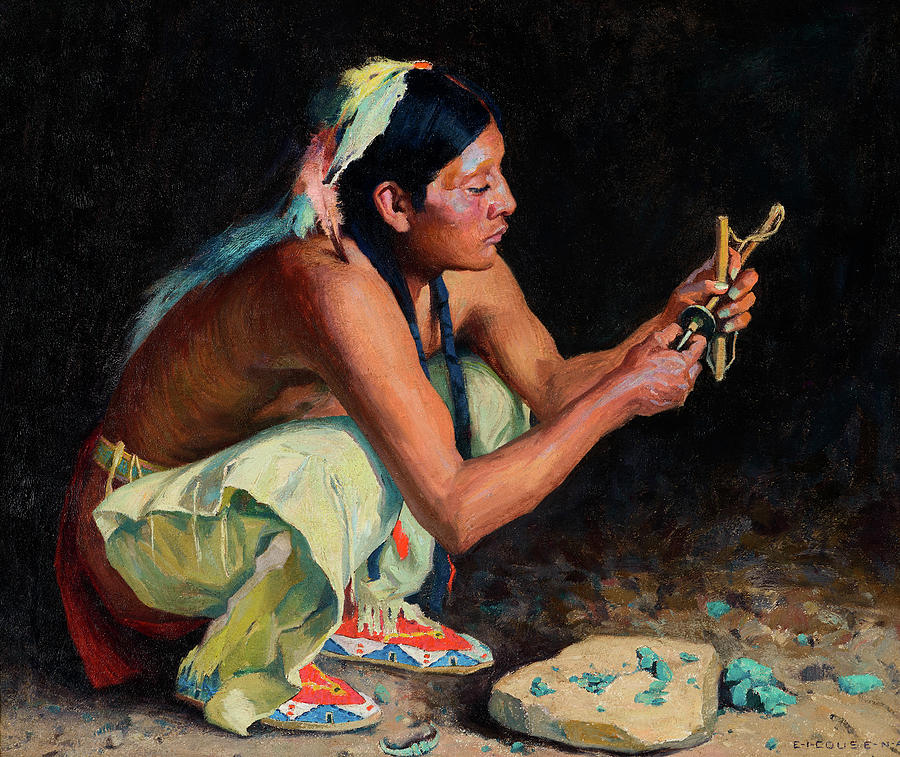 Eanger Irving Couse Painting - The Turquoise Bead Driller by Eanger Irving Couse