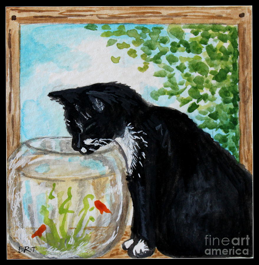 Cat Painting - The Tuxedo Cat and The Fish bowl by Elizabeth Robinette Tyndall