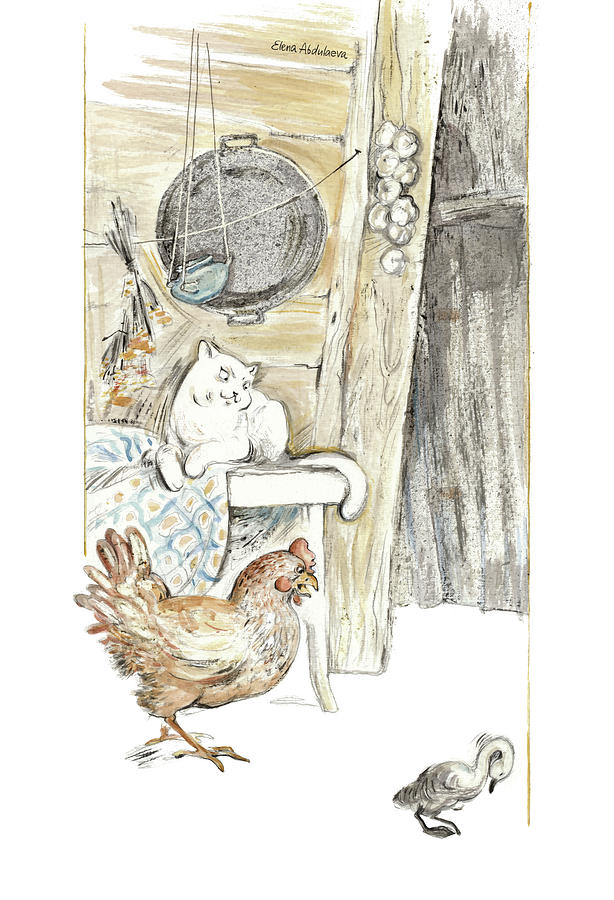 Animal Painting - The Ugly Duckling - Bullied By Mean Hen And Proud White Cat - Illustration For Classic Fairy Tale by Elena Abdulaeva