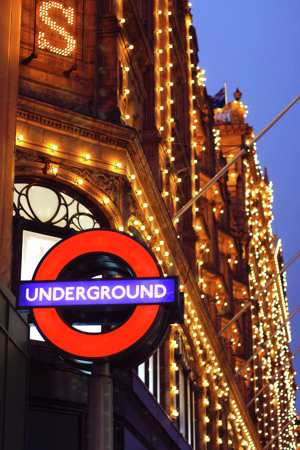 London Photograph - The Underground and Harrods at Night by Hermes Fine Art