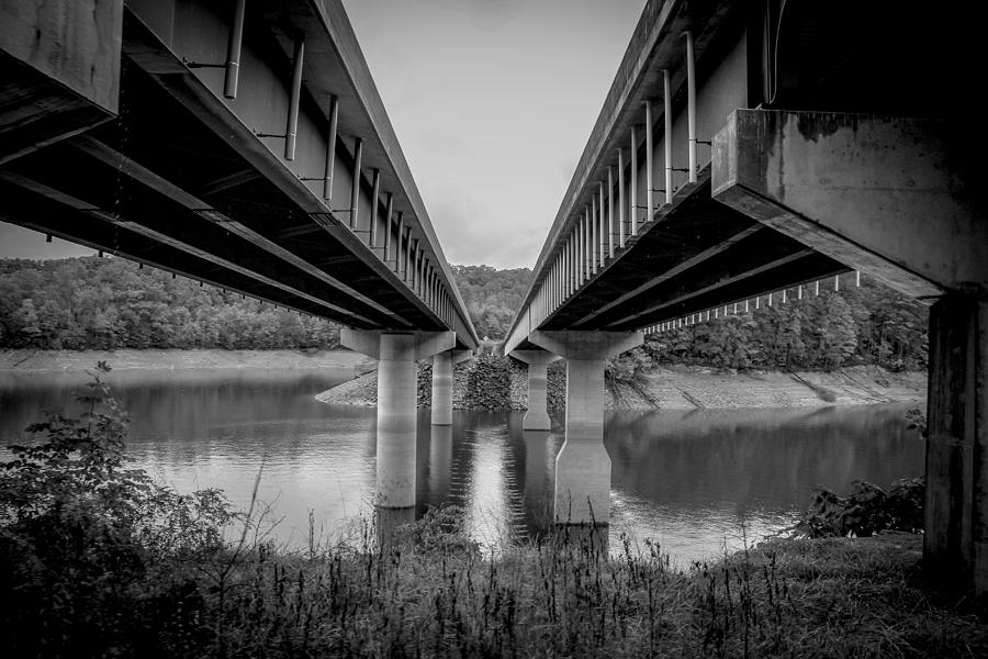 The Underside of Two Bridges Symmetry in Black and White Photograph by Kelly Hazel