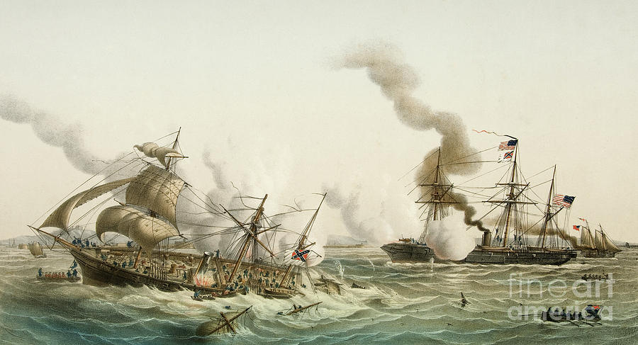 The USS Kearsage of the Union Navy sinks the Confederate raider CSS Alabama Painting by Louis Lebreton