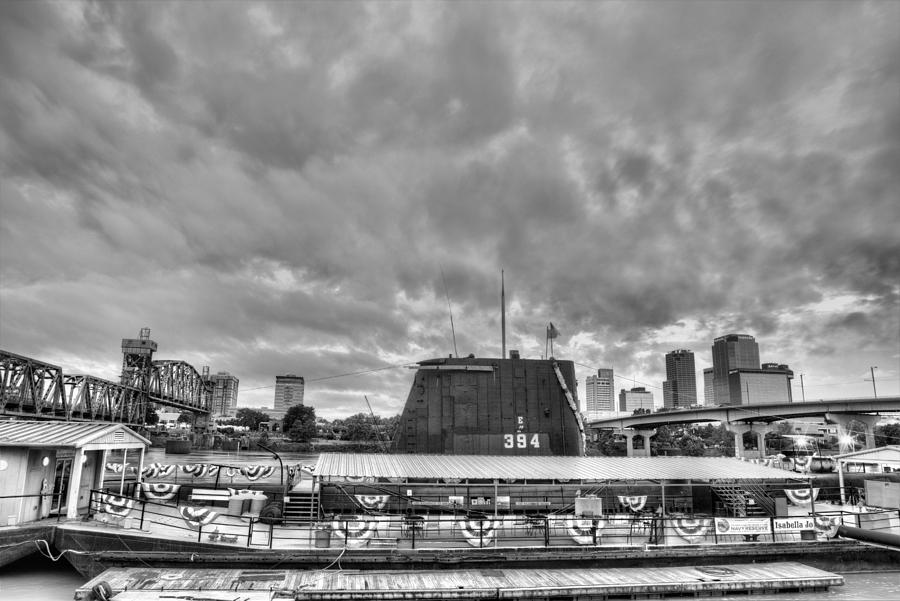 Little Rock Skyline Photograph - The USS Razorback in Black and White by JC Findley
