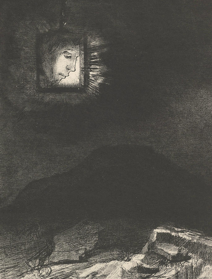 The vague glimmer of a head suspended in space Relief by Odilon Redon