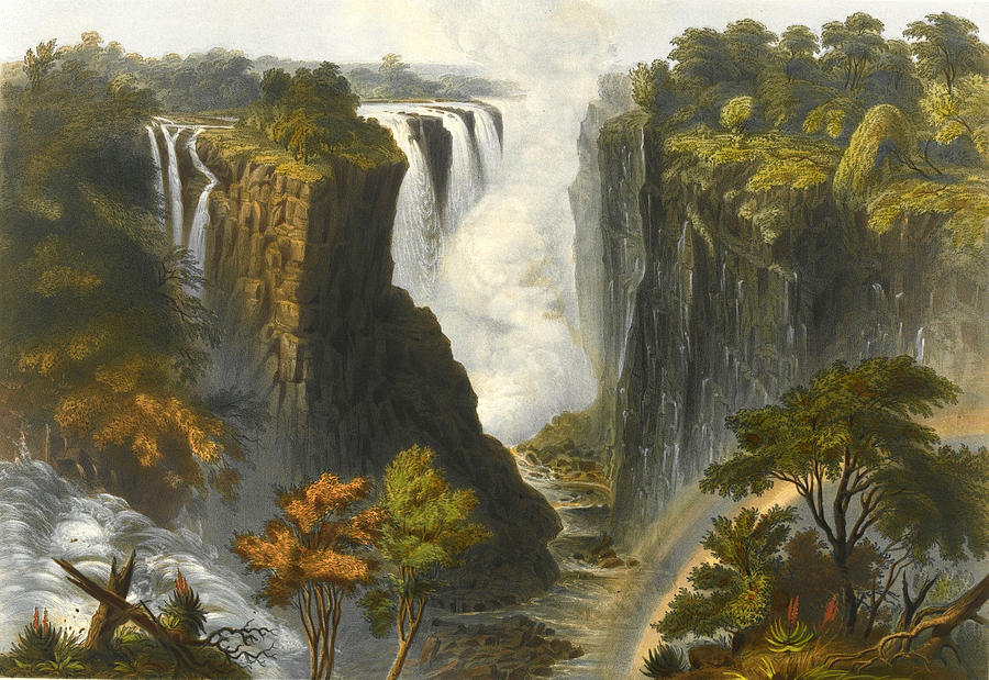 The Victoria Falls from Western End of Chasm  Drawing by Thomas Baines