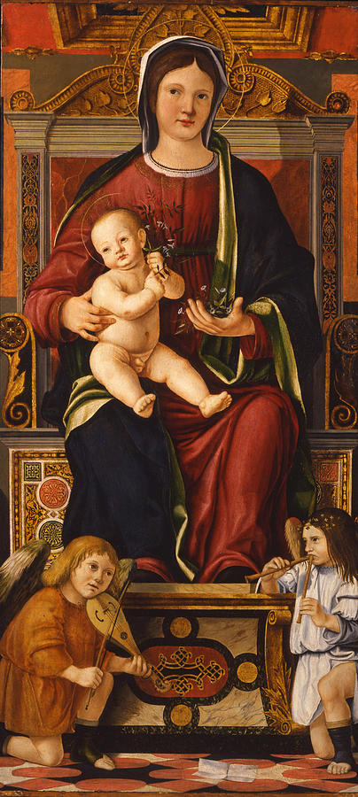 The Virgin and Child Enthroned with Two Musician Angels  Painting by Cristoforo Caselli