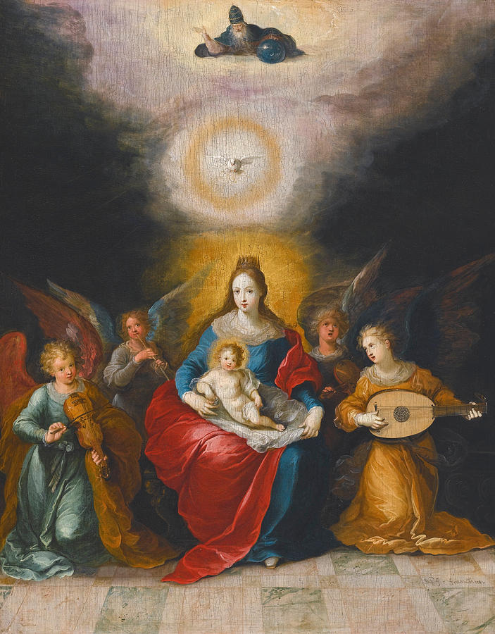 The Virgin and Child surrounded by Music-making Angels the Holy Spirit and God the Father above Painting by Frans Francken the Younger