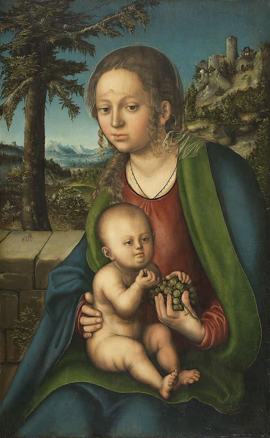 The Virgin and Child with a Bunch of Grapes ca. 1509  1510 by Lucas Cranach the Elder Painting by Celestial Images
