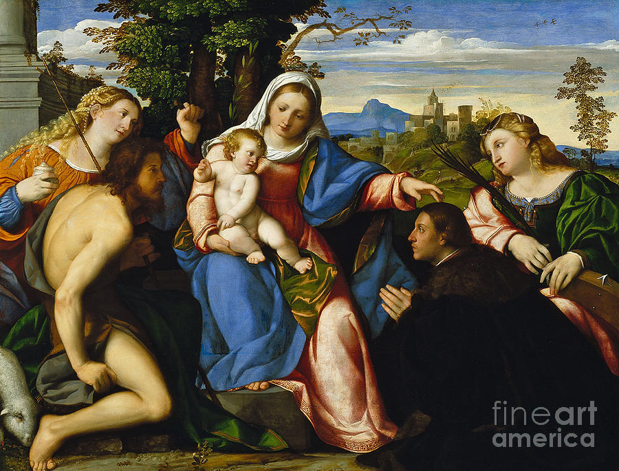 Madonna Painting - The Virgin and Child with Saints and a Donor by Jacopo Palma
