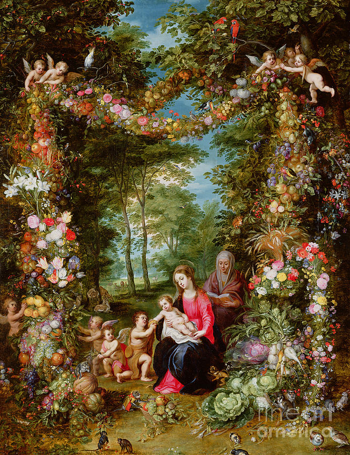 Madonna Painting - The Virgin and Child with the infant Saint John the Baptist, Saint Anne and angels, surrounded by a  by Brueghel and Balen