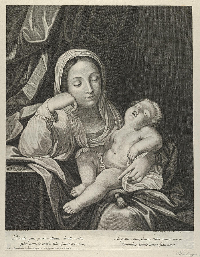 The Virgin seated with her head resting on her right hand holding the sleeping infant Christ Drawing by Jean Boulanger
