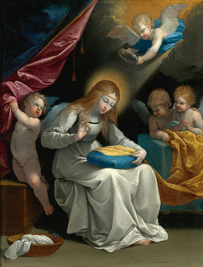 Guido Reni Painting - The Virgin sewing accompanied by four Angels. La Couseuse by Guido Reni
