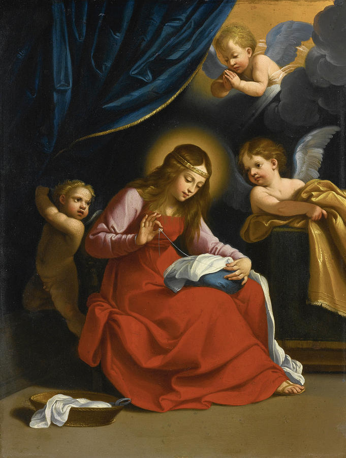 The Virgin sewing Painting by Studio of Guido Reni