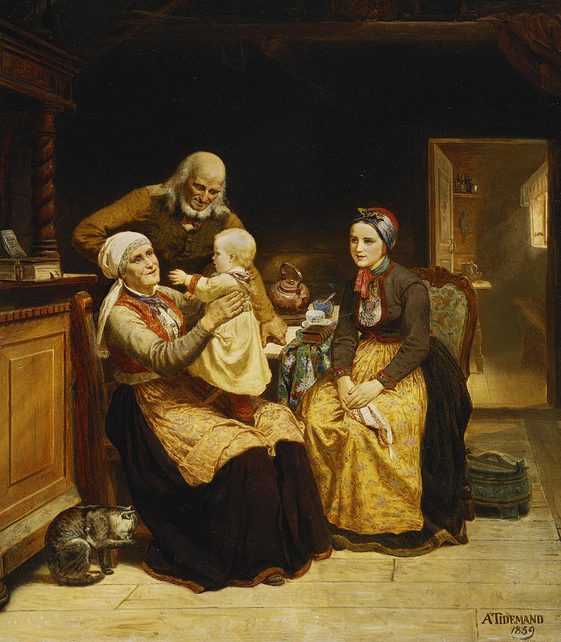 Cat Painting - The Visit to the Grandparents by Adolph Tidemand