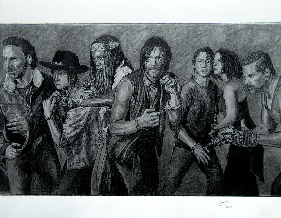 Andrew Lincoln Drawing - The Walking Dead - Group by Gracja Waniewska