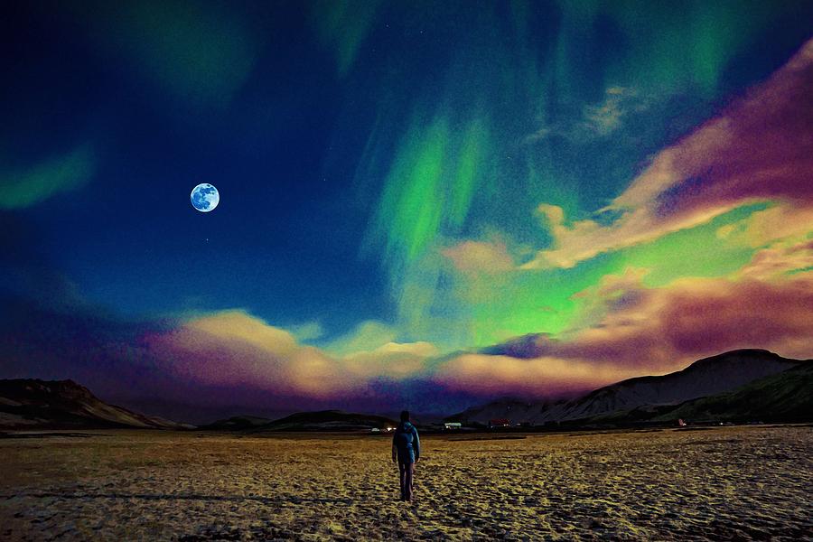 The Wanderer under Icelandic Northern Light Painting by Celestial Images