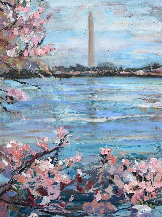 The Washington Monument at Cherry Blossom Festival Painting Painting by Donna Tuten