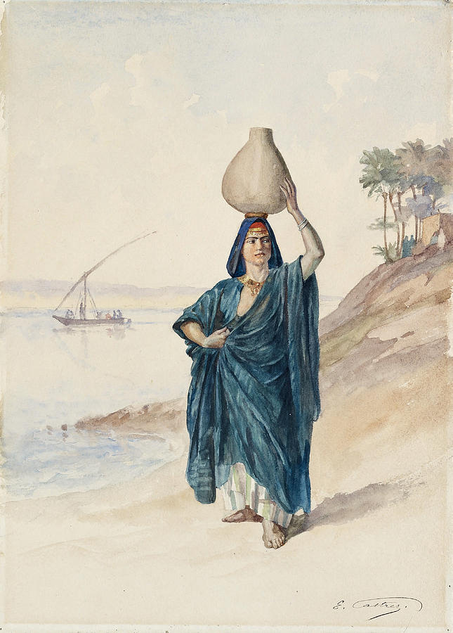 The Water Carrier on the Banks of the Nile Drawing by Edouard Castres