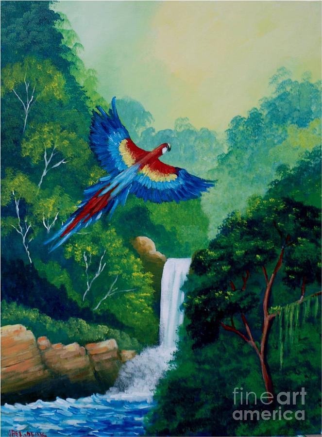 The waterfall bird Painting by Jean Pierre Bergoeing