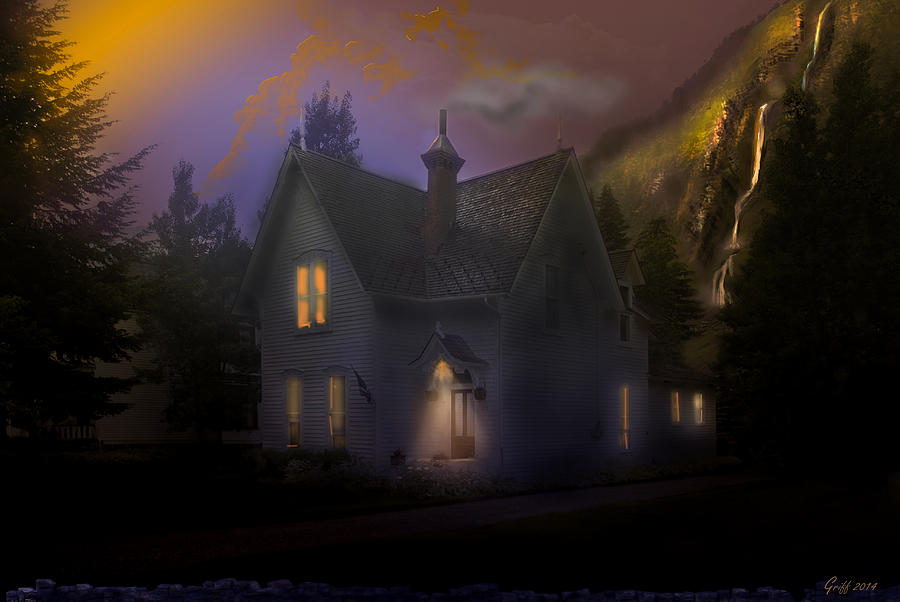 The Waterfall House at Twilight Digital Art by J Griff Griffin