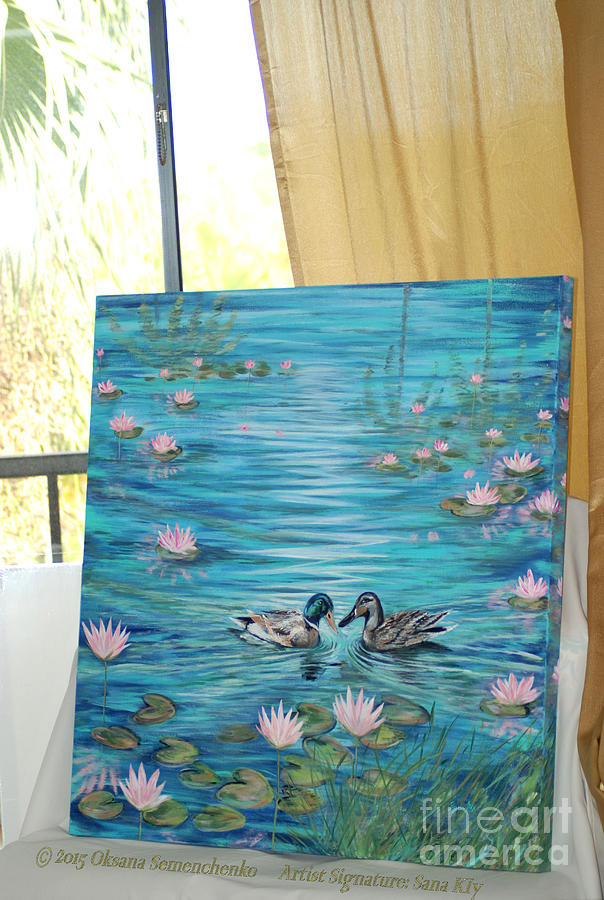 The Water Lily Pond and Two Ducks. Harmony, Peace, Love and Happiness Painting by Oksana Semenchenko