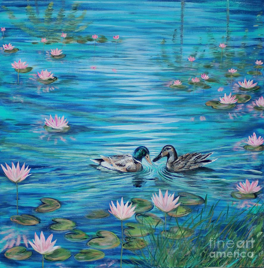 The Water Lily Pond and Two Ducks. Inspirations Collection Painting by Oksana Semenchenko