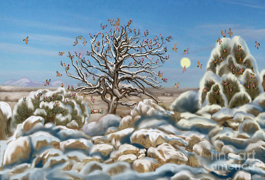 Christmas Digital Art - The Waxwing Tree by Dawn Senior-Trask