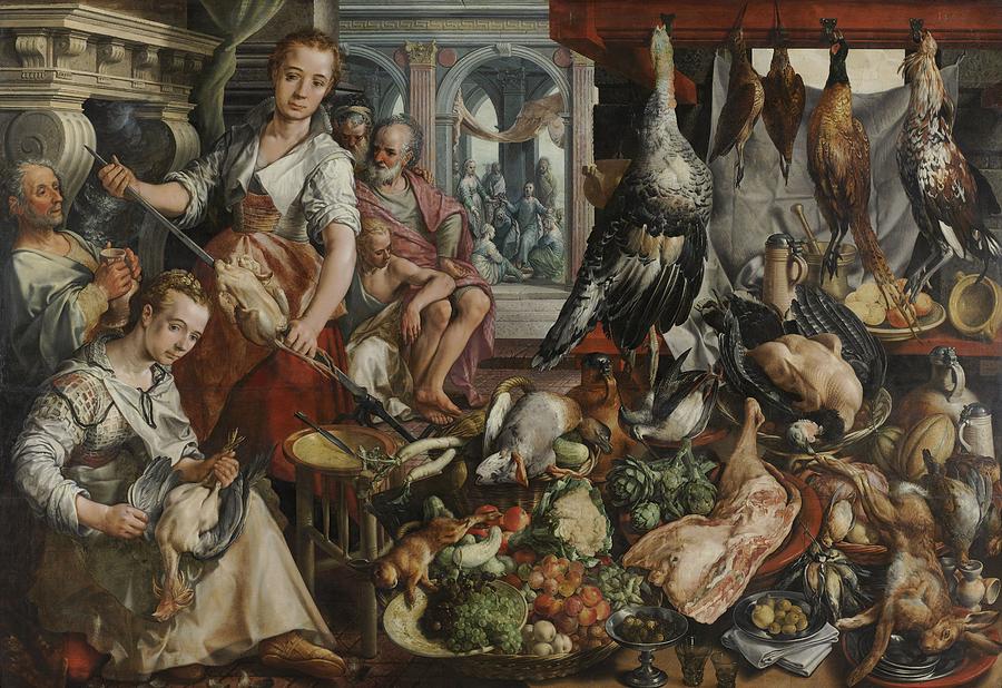 Vintage Painting - The Well-stocked Kitchen, 1566 by Vincent Monozlay