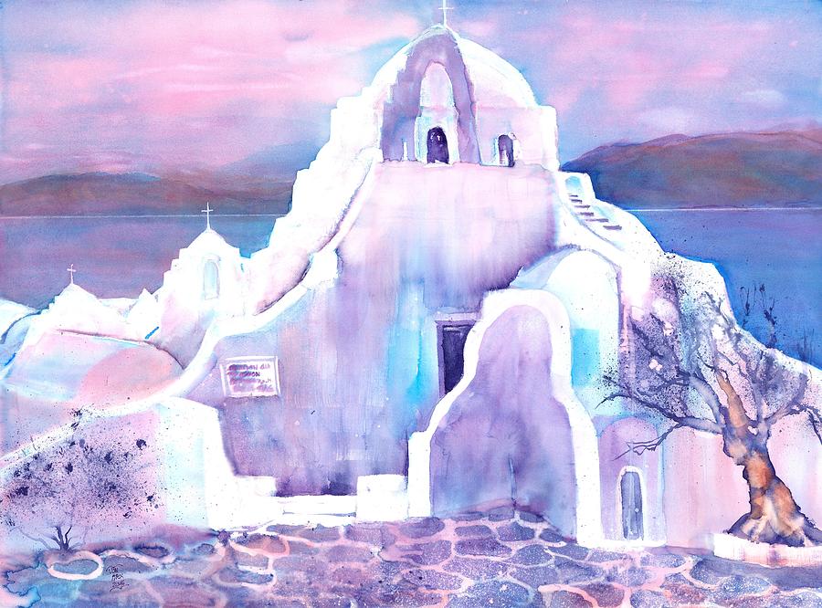 Greece White Church of Mykonos Painting by Sabina Von Arx