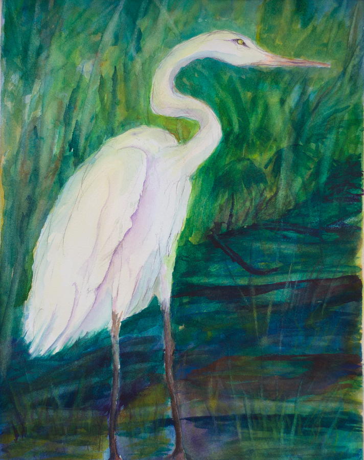 The White Egret Painting by Yolanda DeCosta