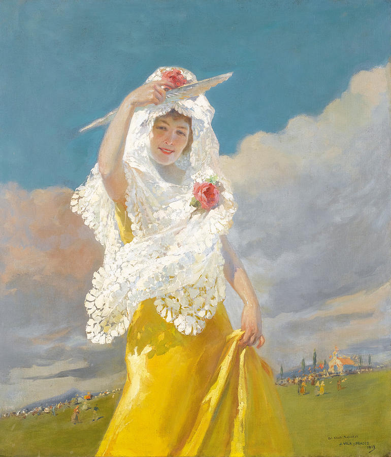 Woman Painting - The White Mantilla by Julio Vila y Prades