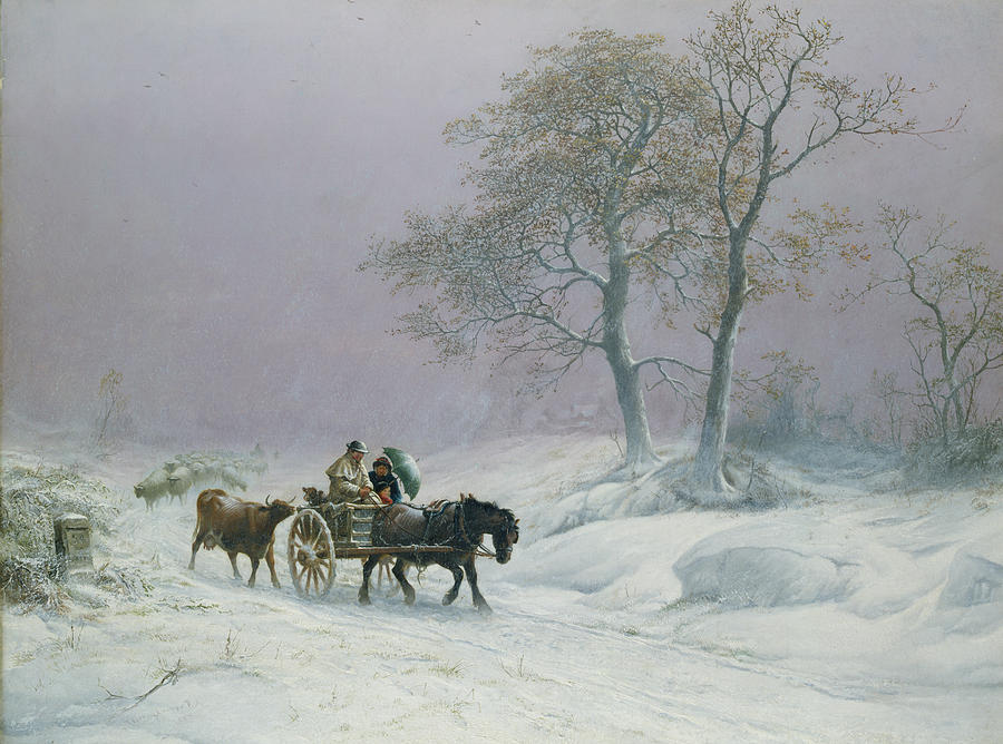 Winter Painting - The wintry road to market  by Thomas Sidney Cooper