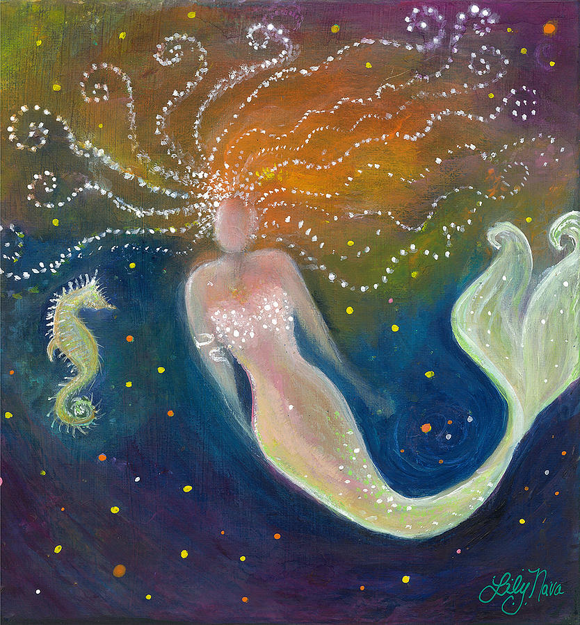 Mermaid Painting - The Wish - Mermaid and Seahorse by Lily Nava-Nicholson