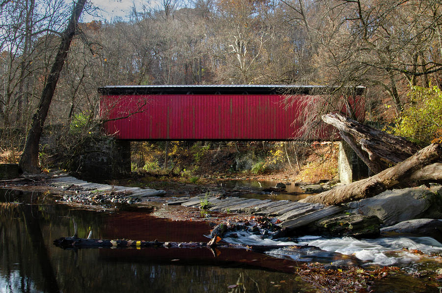The Wissahickon Creek in Autumn - Thomas Mill Covered Bridge Photograph by Bill Cannon