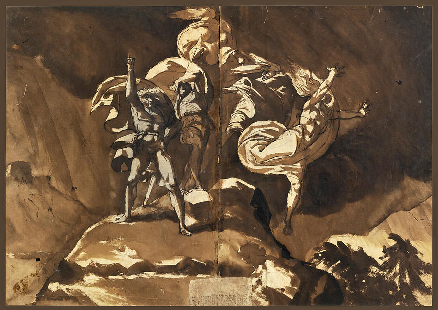 The Witches floating above Macbeth and Banquo Drawing by Henry Fuseli