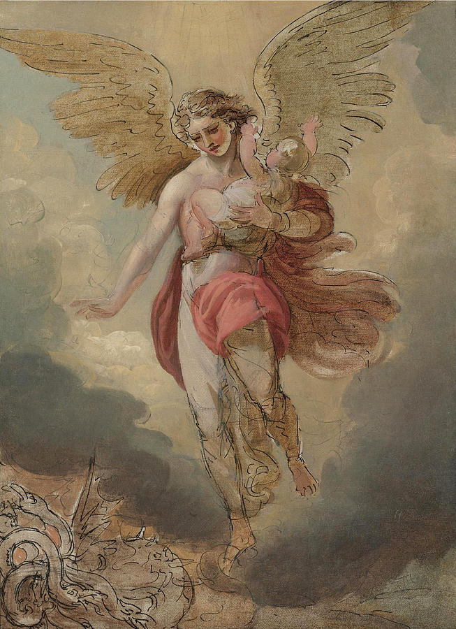 The Woman clothed with the sun fleeth from the persecution of the Dragon  Painting by Benjamin West