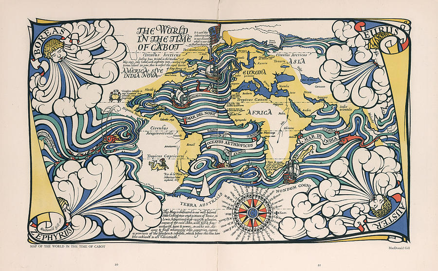 The World in the Time of Cabot - Illustrated Map of the World - Antique Map Drawing by Studio Grafiikka