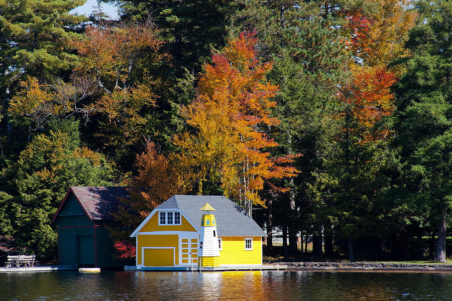 Fall Photograph - The Yellow Boathouse on Old Forge Pond by David Patterson