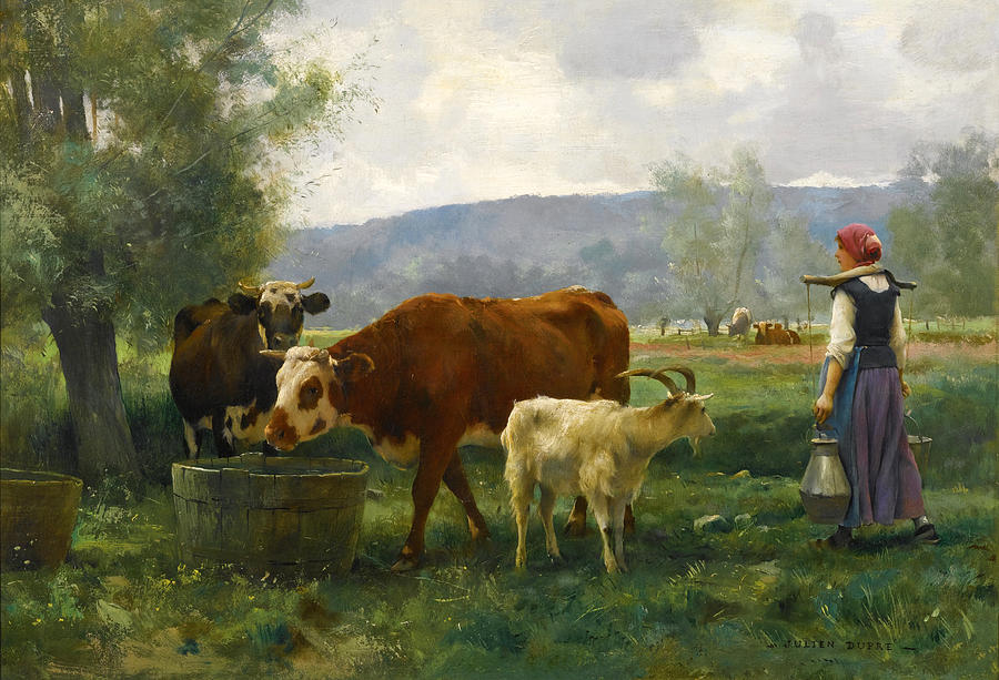 The young milkmaid with her flock Painting by Julien Dupre