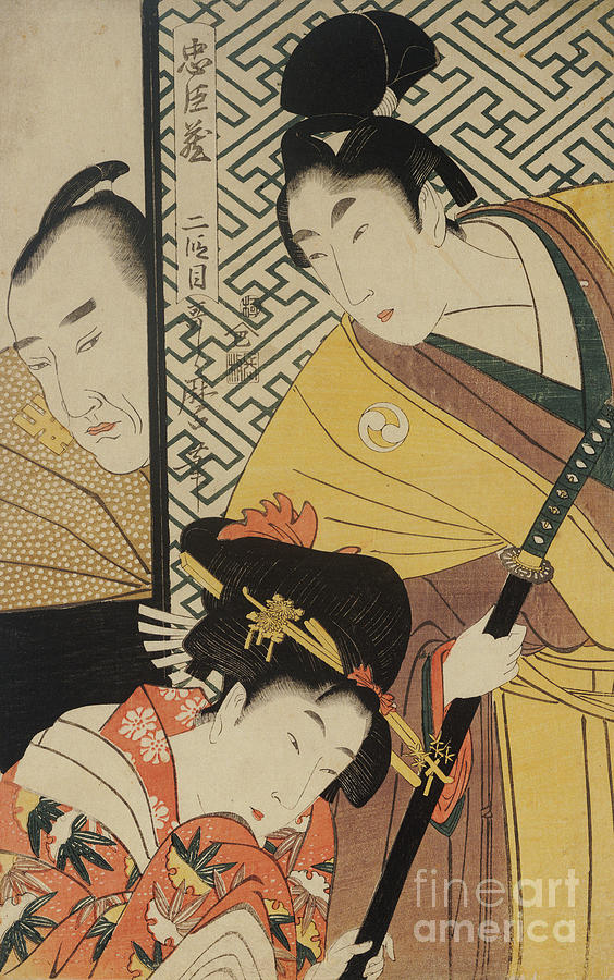 The young samurai, Rikiya, with Konami and Honzo partly hidden behind the door Painting by Kitagawa Utamaro