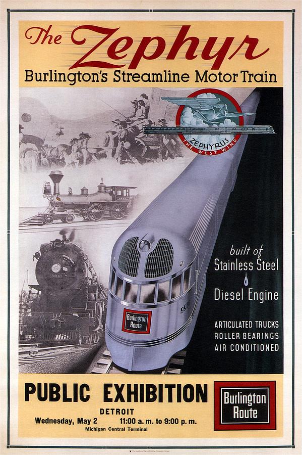 The Zephyr - Burlingtons Streamline Motor Train - Retro Travel Poster - Vintage Poster Mixed Media