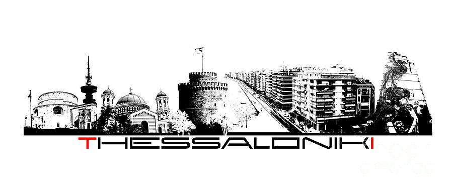 Thessaloniki skyline city black Digital Art by Justyna Jaszke JBJart