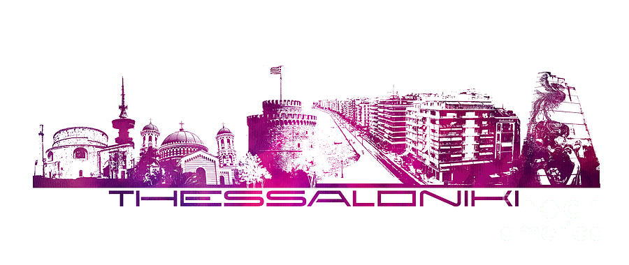 Thessaloniki skyline city purple Digital Art by Justyna Jaszke JBJart