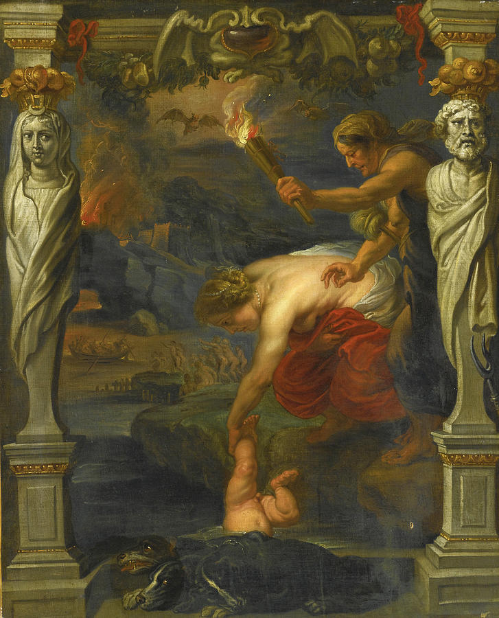 Thetis dipping the infant Achilles into the River Styx Painting by Follower of Peter Paul Rubens