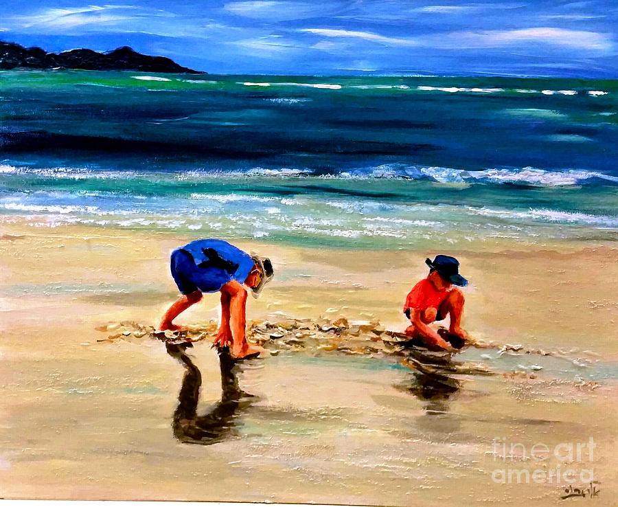 They build their houses with sand, and they play with empty shells Painting by Eli Gross