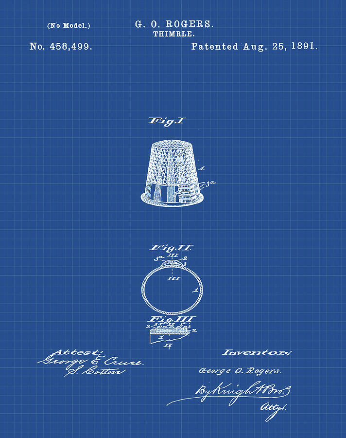 Vintage Digital Art - Thimble Patent 1891 in Blue Print by Bill Cannon